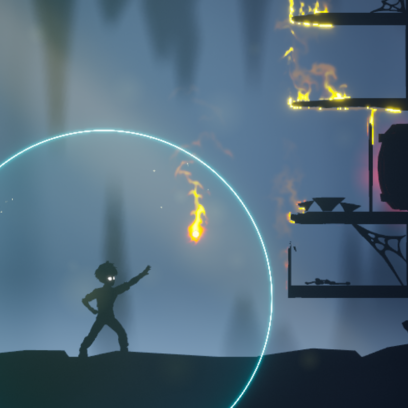 A character directing a fireball through a burning structure